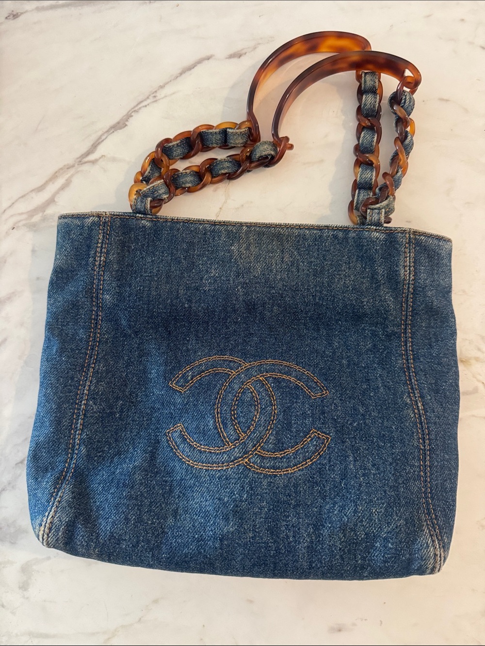 CHANEL Denim Tote with Tortoiseshell Chain Handles